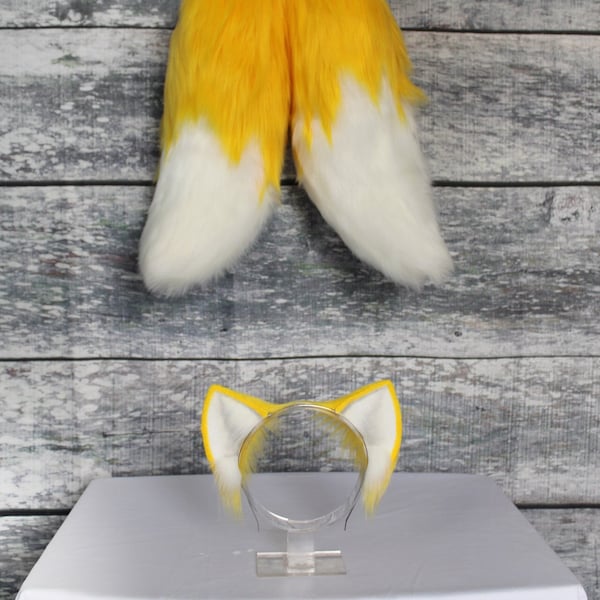 Yellow and White Faux Fur Fox Tails Set