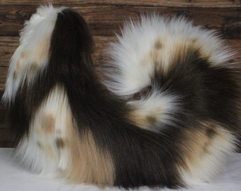 Spotted Brown Tan Beige Cream Faux Fur Curled Puppy Tail