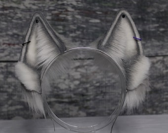Gray and White Faux Fur Wolf Ears Headband