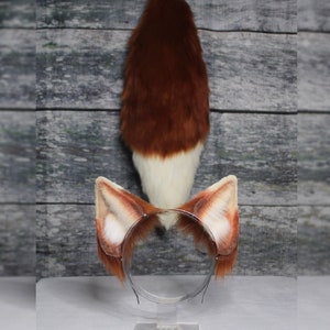 Red Brown Beige Faux Fur Fox Ears and Tail Set