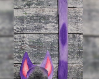 Purple and Pink Faux Fur Pointed Cat Ears & Spotted Tail Cosplay Set