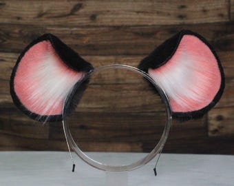 Black Pink and White Mouse Rat Ears Faux Fur Headband