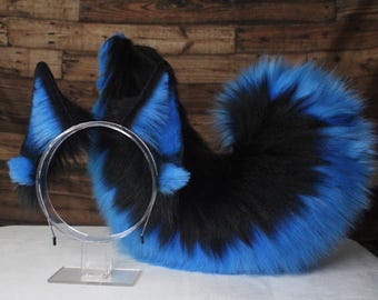 Blue and Black Faux Fur German Shepherd Ears and Tail Set