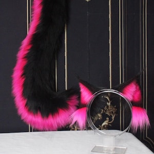 Magenta Hot Pink and Black Faux Fur Cat Ears and Tail Set