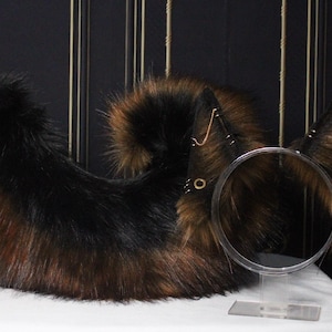 Dark Brown Faux Fur German Shepherd Ears with Gauges Headband and Tail Set