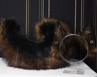 Dark Brown Faux Fur German Shepherd Ears with Gauges Headband and Tail Set