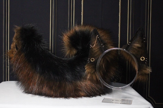 Dark Brown Faux Fur German Shepherd Ears With Gauges Headband and