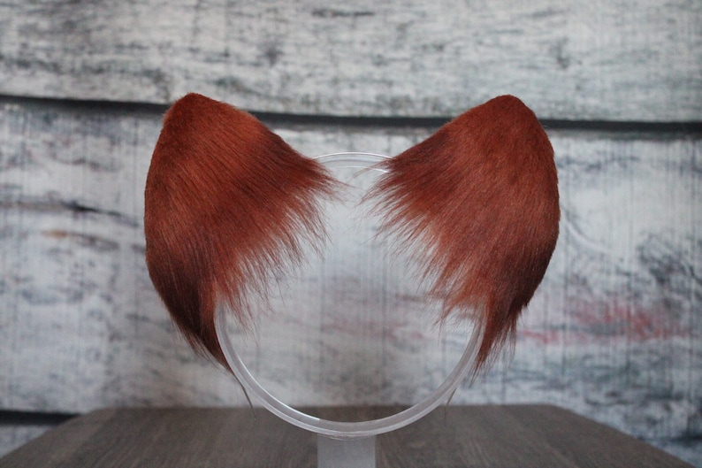May include: A pair of reddish-brown faux fur cat ears on a clear plastic headband.