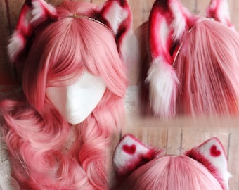 Pink White Red Valentine Hearts Faux Fur Kitten Ears Headband