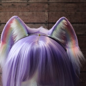 Lilac Pastel Purple Blue Pink Yellow Faux Fur Rainbow Cat Ears Headband