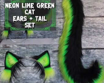 Neon Lime Green and Black Faux Fur Cat Ears and Tail