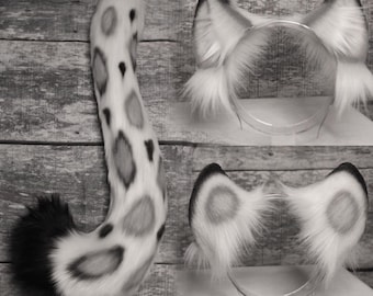 Black White Gray Silver Faux Fur Snow Leopard Ears and Tail Set