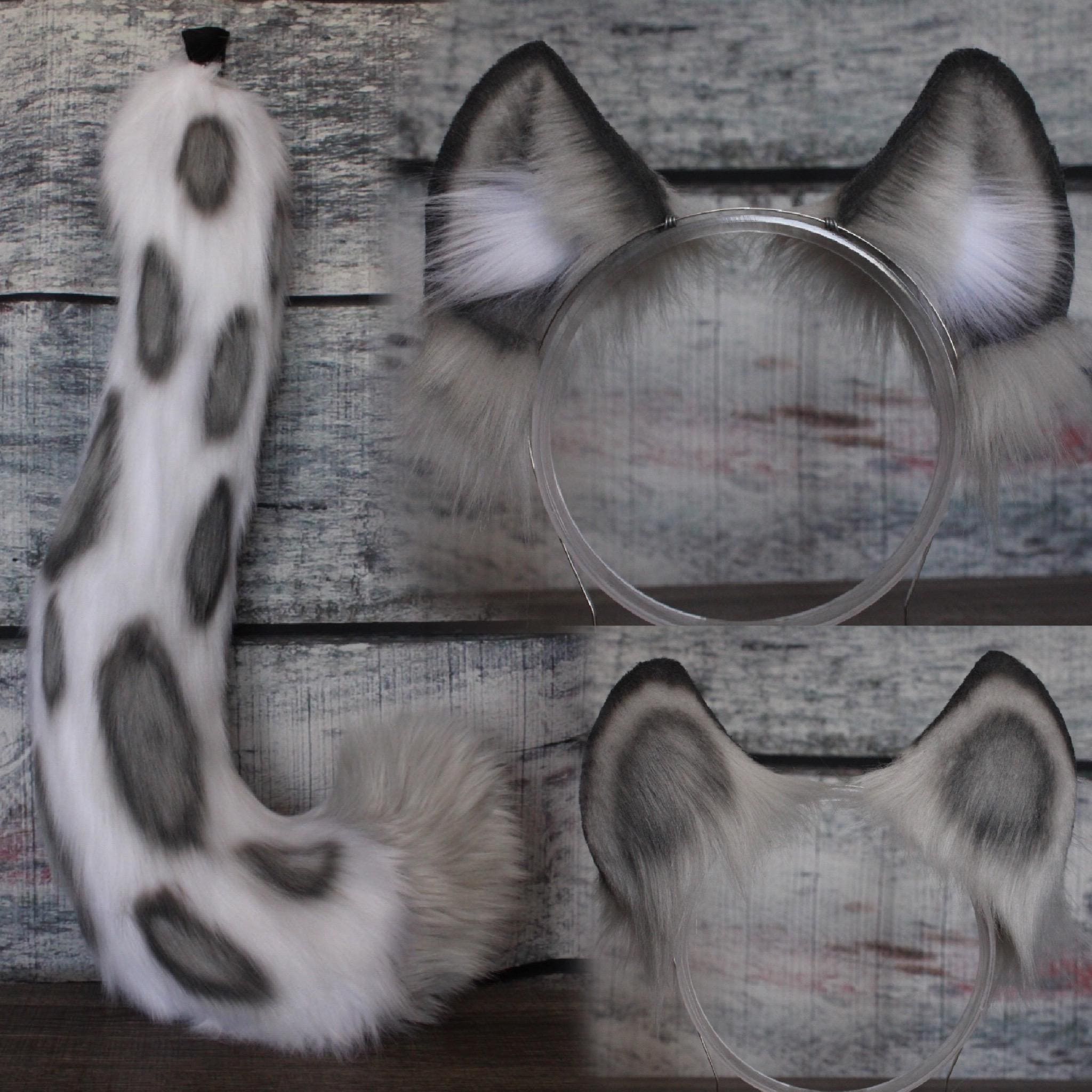 Grey White and Silver Faux Fur Snow Leopard Ears and Tail Set