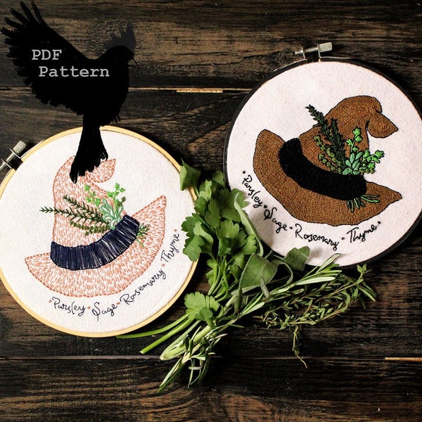 Parsley Sage Rosemary and Thyme Witch's Hat Embroidery Pattern...PDF Digital Download