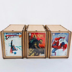 Three, Comic Book Storage Boxes -  Includes a Plexiglass End Frame To Display Favorite Comics -  Great Comic Collector or Father's Gift