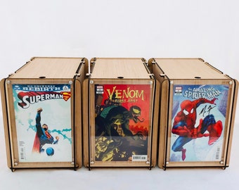 Three, Comic Book Storage Boxes -  Includes a Plexiglass End Frame To Display Favorite Comics -  Great Comic Collector or Father's Gift