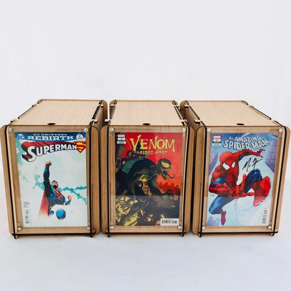 Three, Comic Book Storage Boxes -  Includes a Plexiglass End Frame To Display Favorite Comics -  Great Comic Collector or Father's Gift