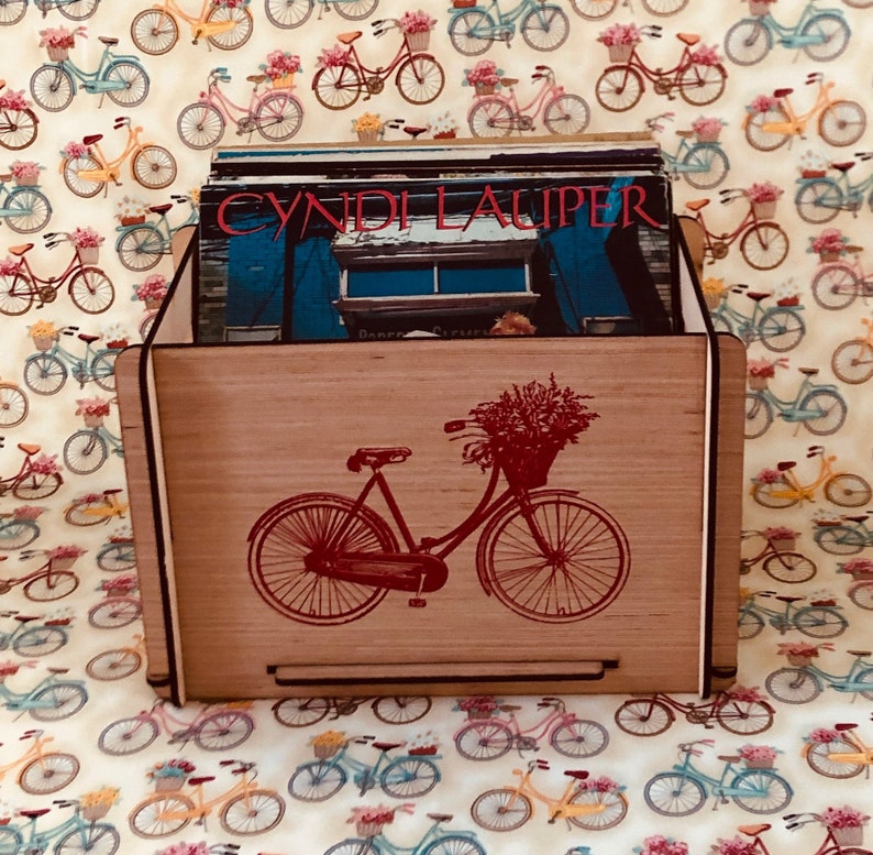 Red Bicycle with Basket Bouquet Beautiful Record Storage For Her Collection Adds to Any Home Decor Free US Shipping image 1