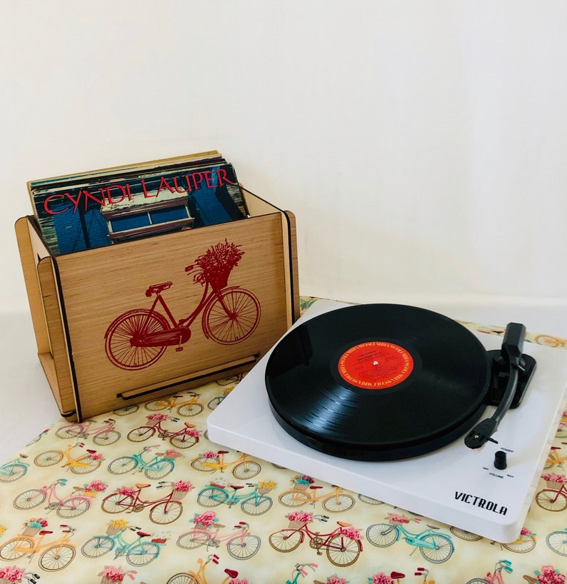 Red Bicycle with Basket Bouquet Beautiful Record Storage For Her Collection Adds to Any Home Decor Free US Shipping image 2