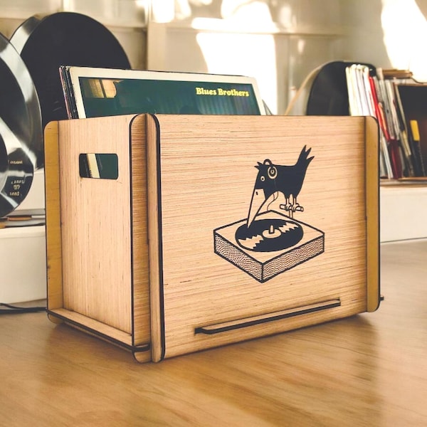 Schallplattenaufbewahrungskiste Mit Retro-Grafik aus umweltfreundlichem Sperrholz
