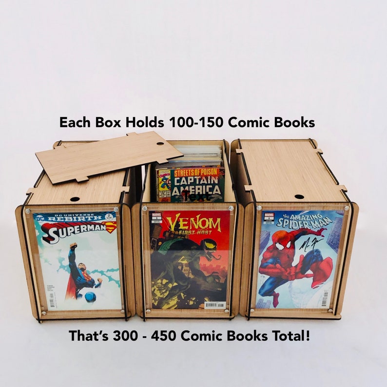 Three, Comic Book Storage Boxes Includes a Plexiglass End Frame To Display Favorite Comics Great Comic Collector or Father's Gift image 4