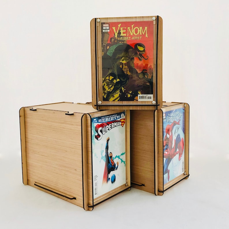 Three, Comic Book Storage Boxes Includes a Plexiglass End Frame To Display Favorite Comics Great Comic Collector or Father's Gift image 2