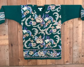 Vintage CHUNKY Bloemen Trui Lange Katoen Ramie Trui Pullover Women's XL