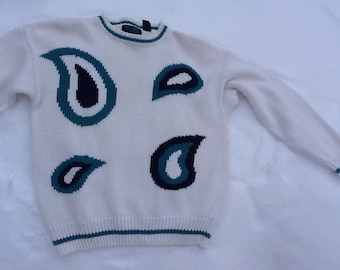 Vintage Paisley Sweater Large Navy and Teal Pullover Sweater