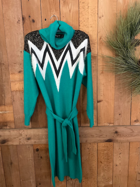 Vintage 1980s SWEATER Dress Aqua Green Mod Belted… - image 1