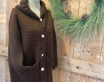 Vintage Nonne Maglia a mano Maglia Maglione Cioccolato Marrone Accogliente Comodo w Tasche Chunky Heavy Knit Donna M