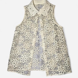 1970s Flower Power Sleeveless Embroidered Sheer Button Up Top