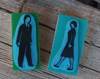 SET of two Linocut craft stamps, Isotype Arntz pictogram design, woman and man couple