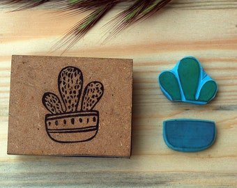 Handcrafted PVC linocut stamp, cactus in pot, for color printing