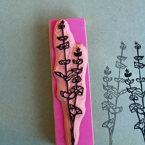 Timbro artigianale Linocut PVC, ramo botanico foglie fiori verticale