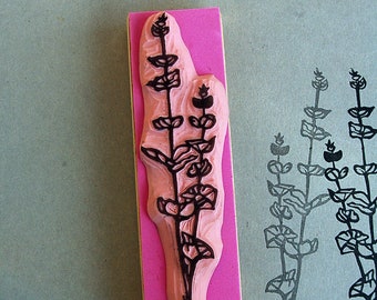 Linocut PVC craft stamp, botanical branch leaves flowers vertical