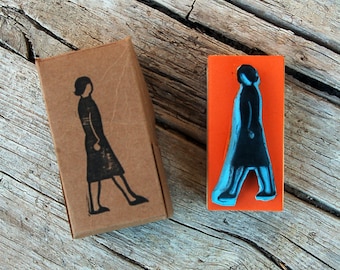 Linocut PVC handcrafted stamp, design Gerd Arntz, woman walking