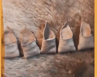 May include: Five small, light brown leather pouches with open tops are arranged in a row. The pouches have a triangular shape and are set against a backdrop of textured, light brown fur.