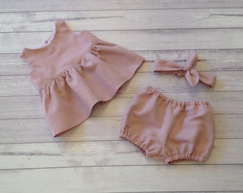 Baby or toddler girl dusty pink pure linen peplum outfit top, bloomers and OPTIONAL headband  choices// sizes to 5T