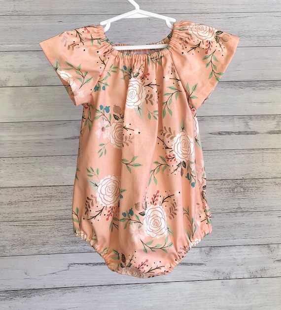 Baby or toddler girl romper, peach pink floral short or long sleeves, designer fabric rose gold accents size nb 3 6 12 18 mths 2T 3T 4T Baby or toddler girl romper, peach pink floral short or long sleeves, designer fabric rose gold accents size nb 3 6 12 18 mths 2T 3T 4T