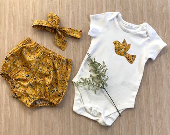 Baby girl mustard floral outfit with combination options, size Newborn 3 6 12 18 mths