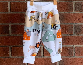 Baby yoga waist long farm print pants unisex to 18 months, comfortable baby clothes