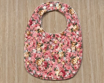 Cotton bibs Large pink vintage look floral with towelling and snaps, Australian made
