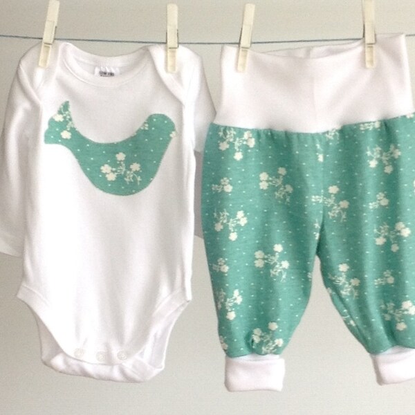 Baby girl gift, clothing set cotton jersey harems and bodysuit with applique bird, 3 6 12 months, baby shower gift
