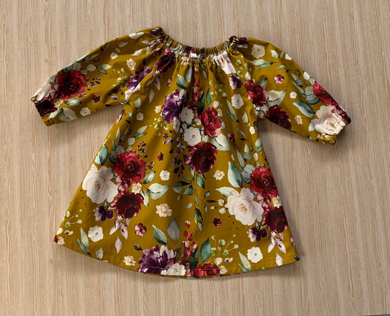 Baby and toddler girl dress mustard floral digital print Australian made