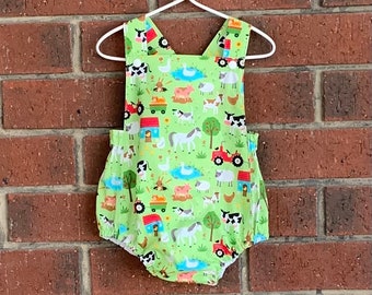 Baby unisex green farm romper suit, sizes to 3 years Australian made