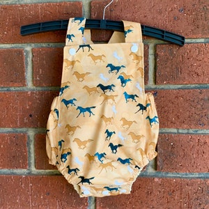 Baby toddler boy bubble crossover romper beige horse print, Australian made