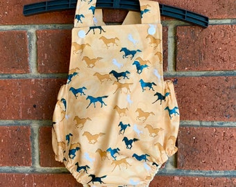 Baby toddler boy bubble crossover romper beige horse print, Australian made