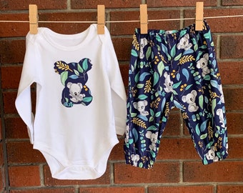 Baby boy girl outfit in navy with Australian koala fabric, Aussie birthday boy