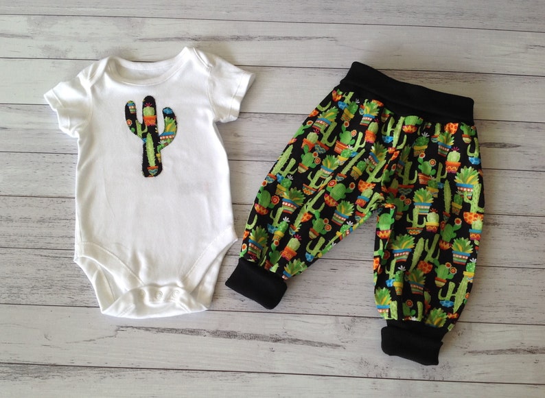 Baby boy clothes unique gender neutral baby outfit cactus fabric 2 piece set applique bodysuit and pants nb 3 6 12 18 mths