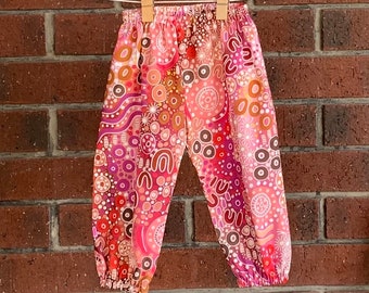 Indigenous designer print Long organic cotton boho trousers to size 5 toddler